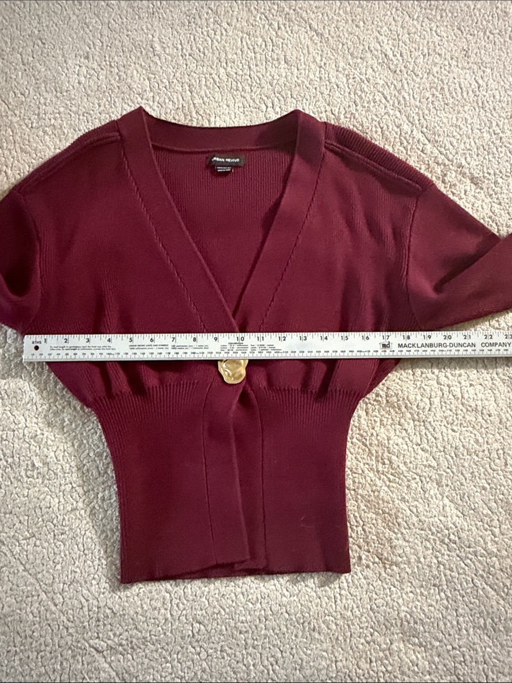 Urban Revivo V-Neck Ribbed Single-Button Cardigan Sweater - Burgundy Size 4 — image 6 of 8